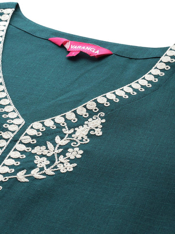 Varanga Women Teal Thread Embroidered Kurta Set